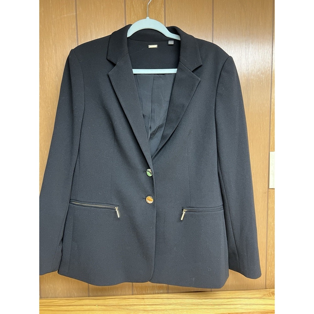Tahari Black Blazer Jacket Women's Size 12 Silver Buttons Zip Pockets Lined